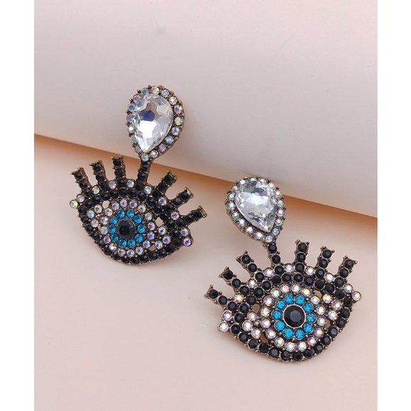 Rhinestone Beaded Turquoise Teardrop Eye Earrings GLAM BLING BOHO PARTY GIFT - Picture 3 of 3